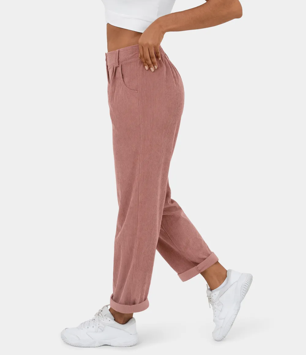 Mid Rise Button Zipper Side Pocket Corduroy Casual Pants