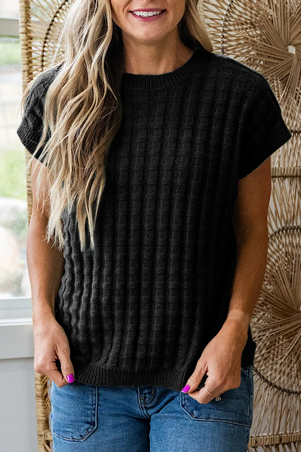 Black Round Neck Textured Short Sleeve Top