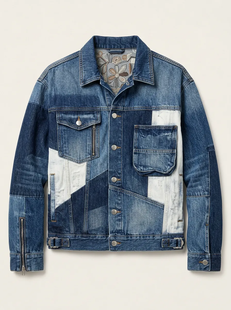 Men's Vintage Patchwork Floral Embroidered Denim Jacket