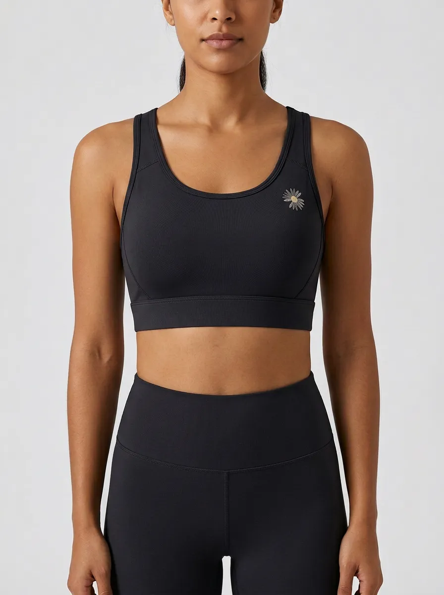 Women's Daisy-Graphic Scoop-Neck Racerback Left-Chest Paneled Sports Bra