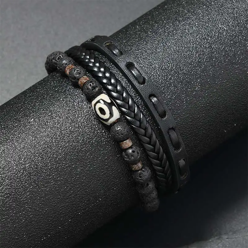 Lava Rock Multilayered Braided Leather Bracelet
