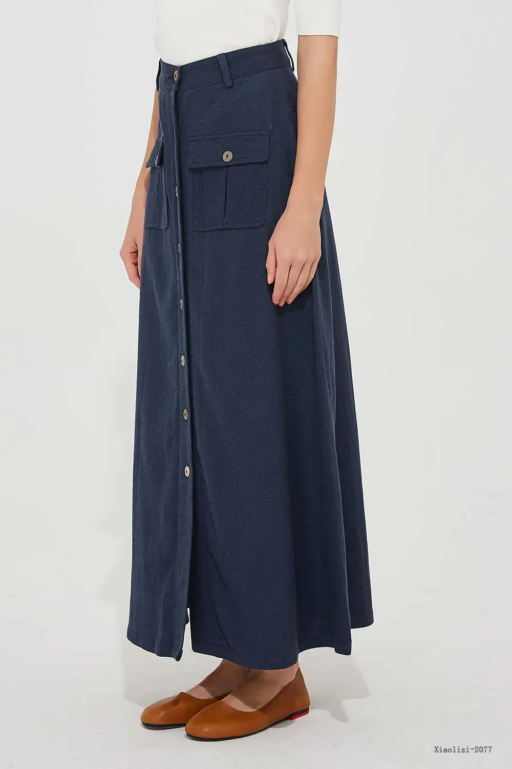 Linen Blend Button Front Maxi Skirt