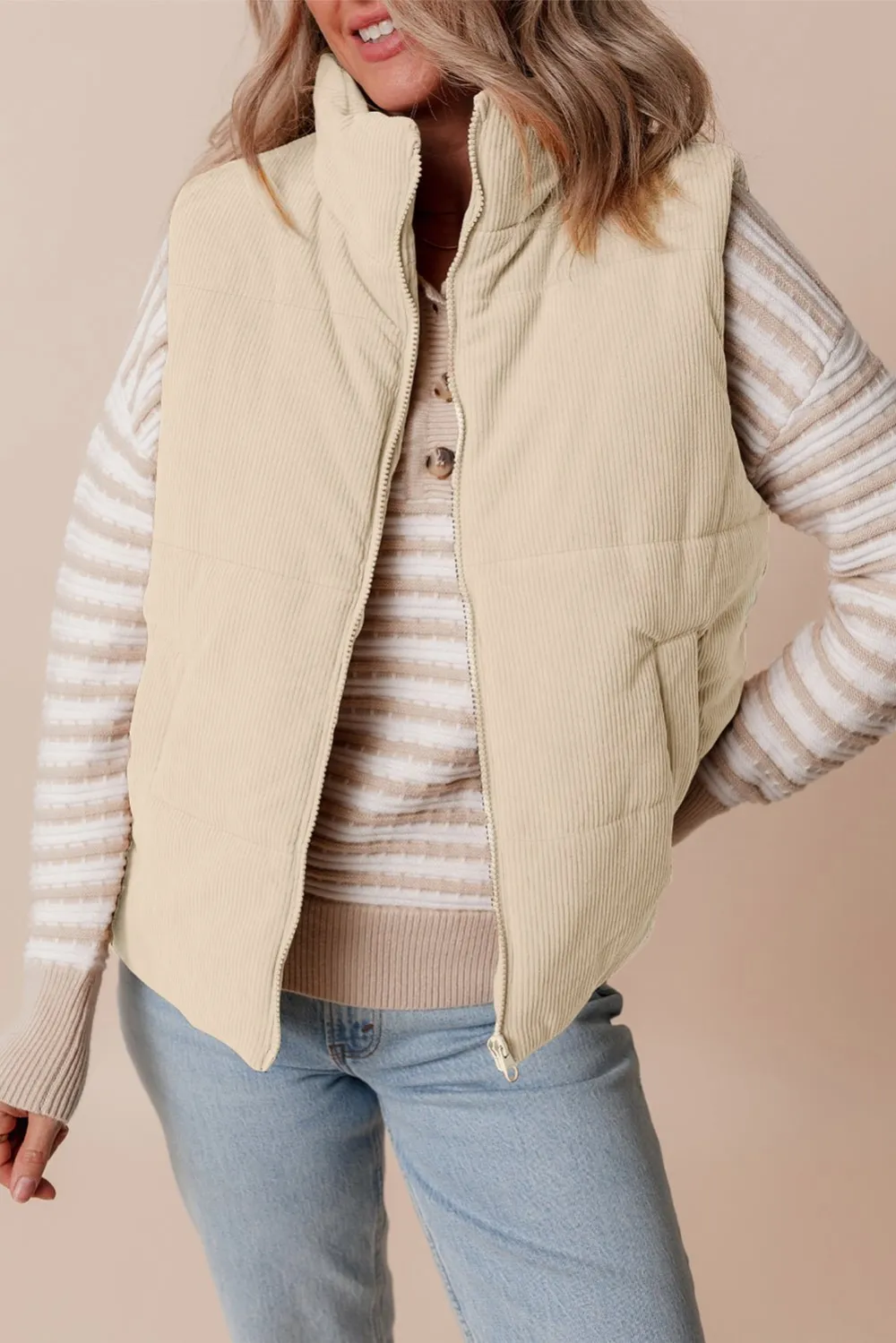 Corduroy Stand Neck Zip Puffer Vest