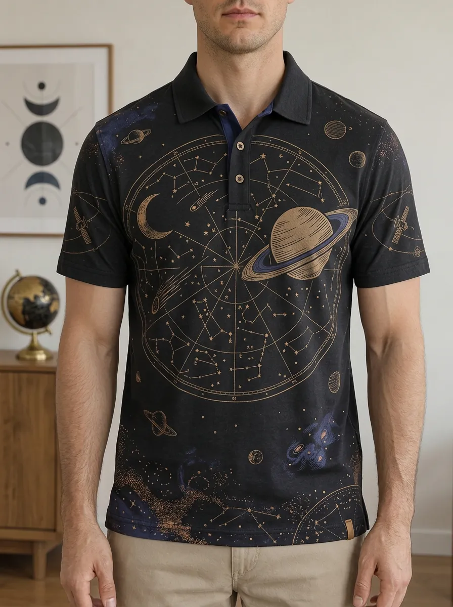 Men's Astronomy Lover Celestial Planet Printed Polo Shirt Weekend Casual Style