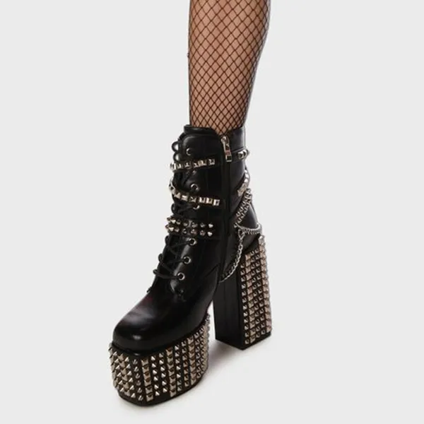 Faux-Leather Rivet-Detail Chain-Detail Buckle-Detail Ankle Boots