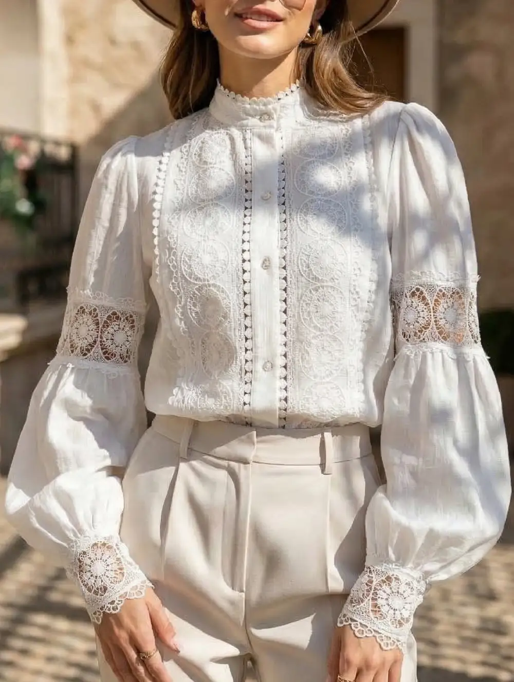 Lace Detail Lantern Sleeve Blouse