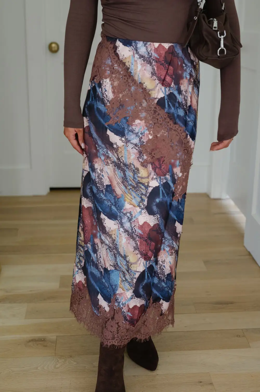 Abstract Print Satin High Rise Lace Trim Midi Skirt