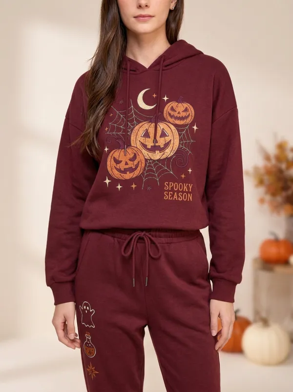 Women's Halloween Spooky Season Pumpkin Printed Loungewear Set