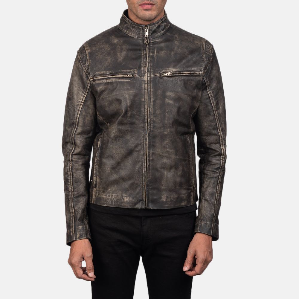 Men's Structured Biker Leather Distressed Jacket