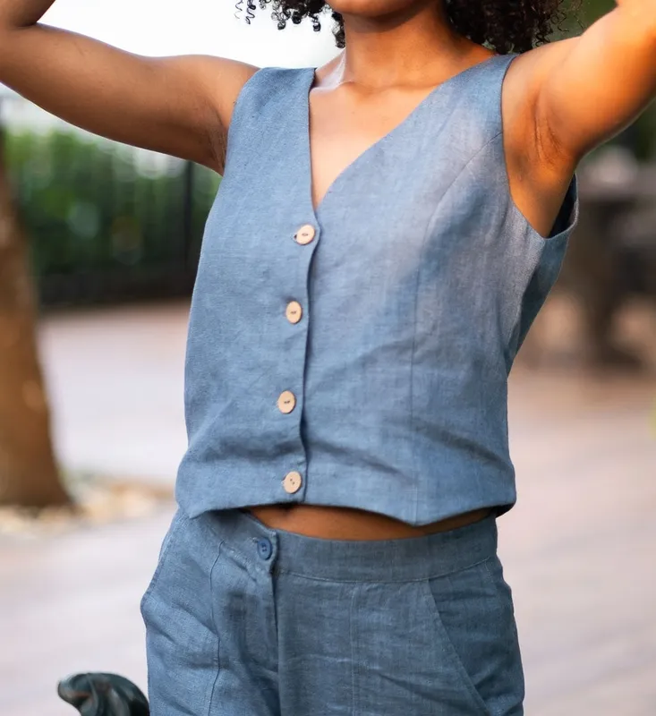 Denim Blue Heavy Linen Matching Set with Waistcoat & Panelled Pants