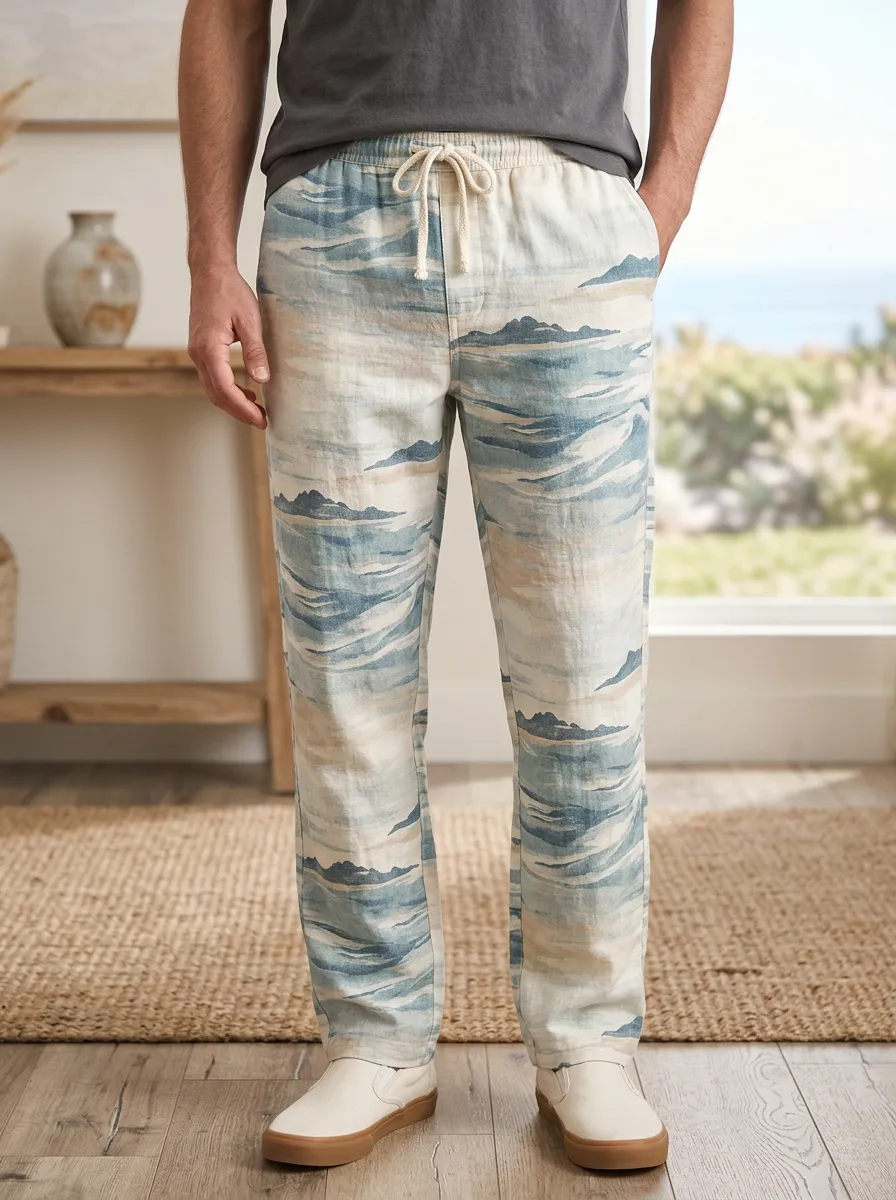 Men's Beach Landscape Blue Ocean Wave Printed Pants
