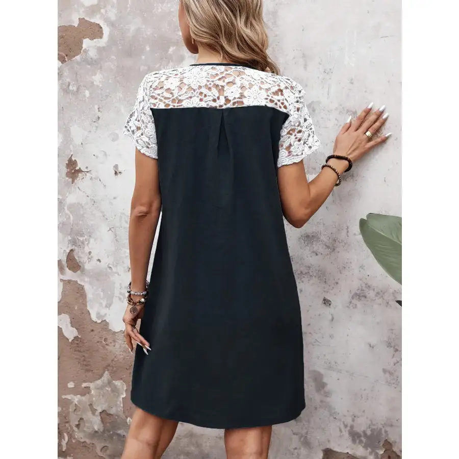 Lace Button Detail Round Neck Mini Dress