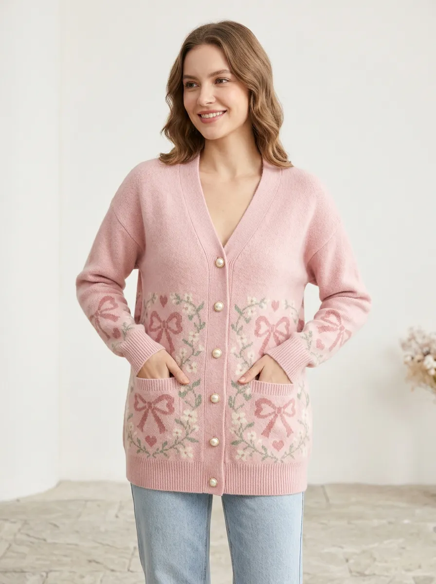 Women's Garden Inspired Floral Heart Ribbon Bow Printed Cardigan