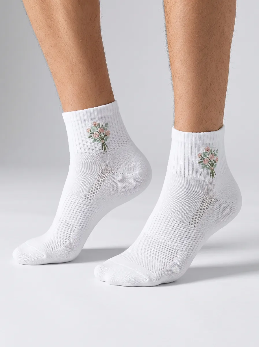 White Floral Bouquet Graphic Athletic Ankle Socks