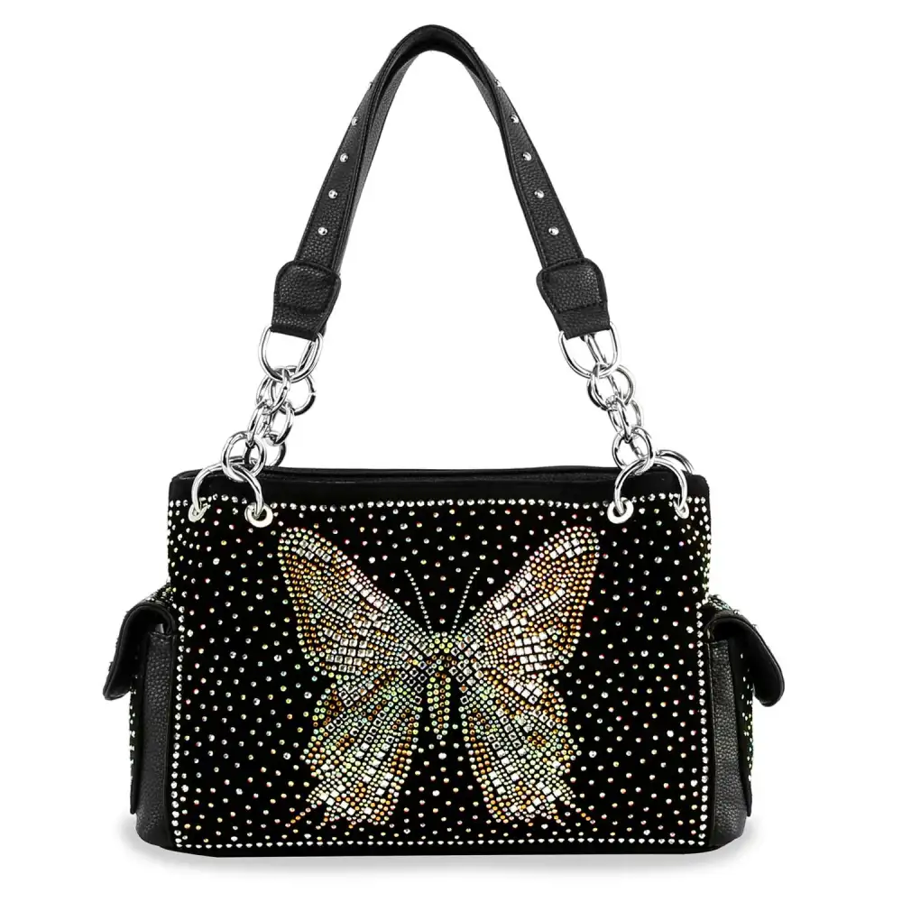 Crystal Accent Pocketed Butterfly Motif Faux Leather Shoulder Bag