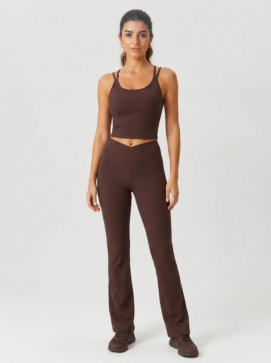 Women's Brown Ribbed Cross-Waist Yoga Tank and Flare Leggings Set