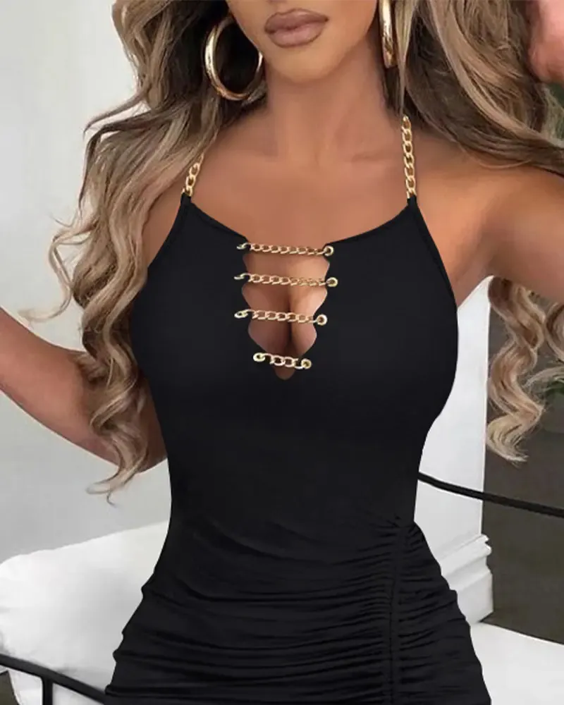 Chain Decor Drawstring Slit Bodycon Dress