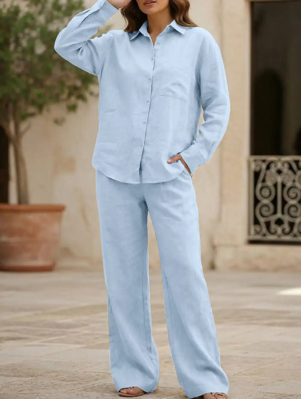 Shirt and Loose Wide-Leg Pants Suit