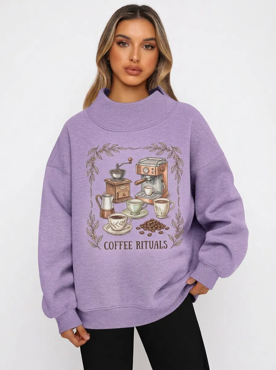 Women's Coffee Lover Coffee Rituals Machine Printed Sweatshirt
