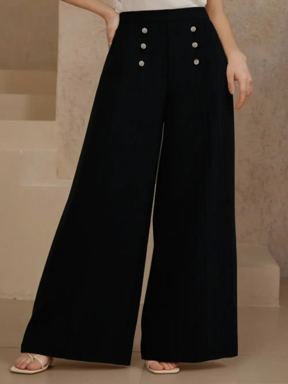 Plus Size High Waist Wide Leg Button Decor Pants