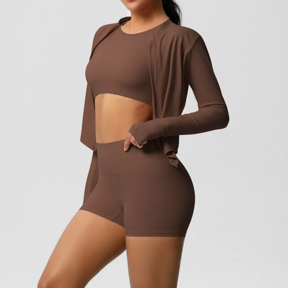 Zip-Front Long-Sleeve Jacket, Bra and Shorts Active Set
