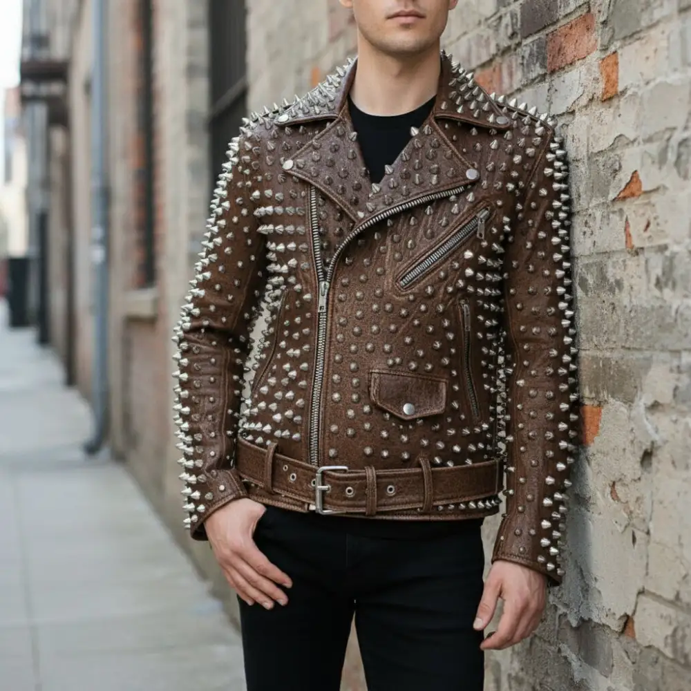 Classic Cowhide Biker Studded Belted Jacket