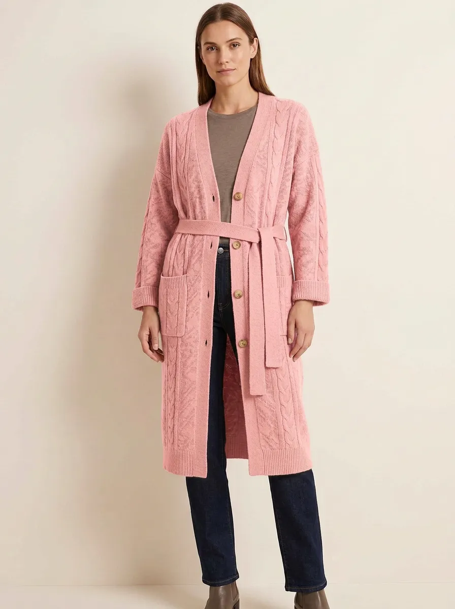 Women's Everyday Cable Knit Belted Knit Cardigan
