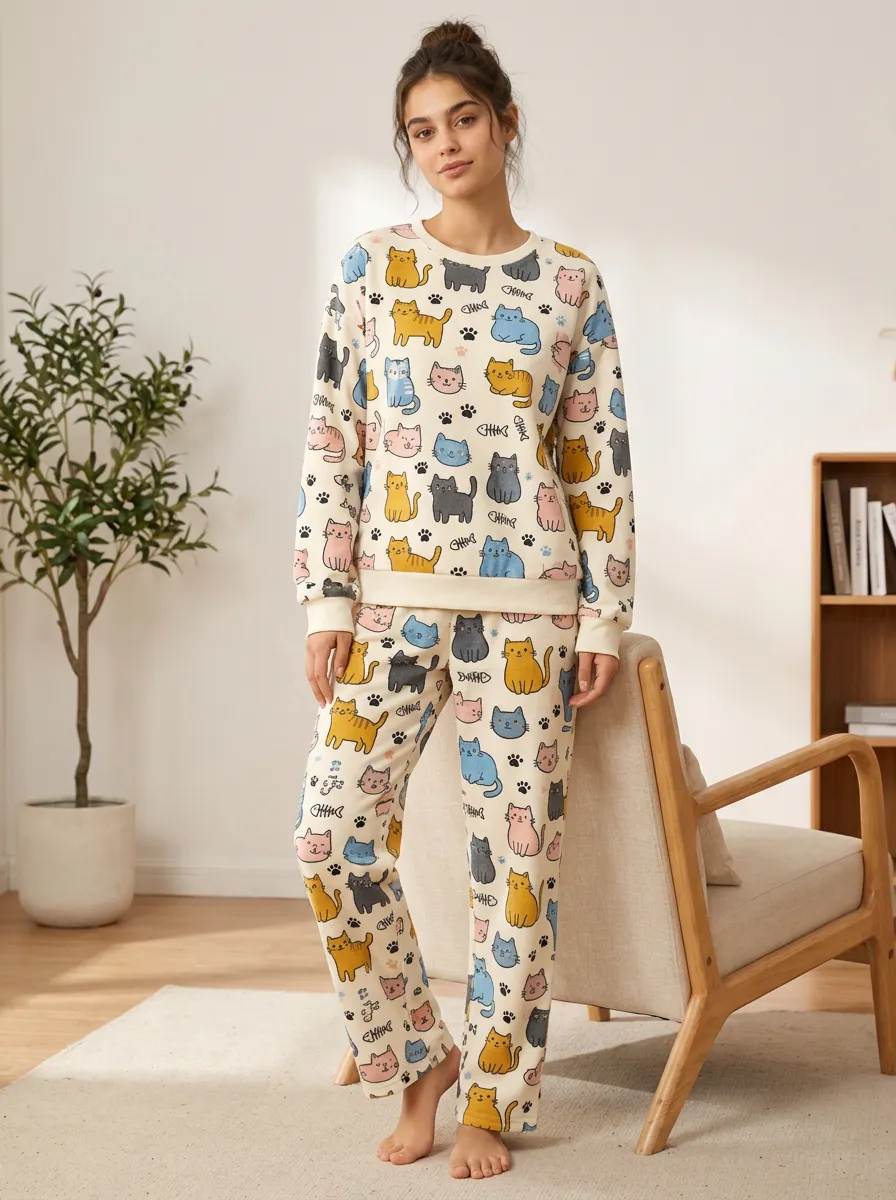Women's Cat and Fishbone Print Loungewear Set