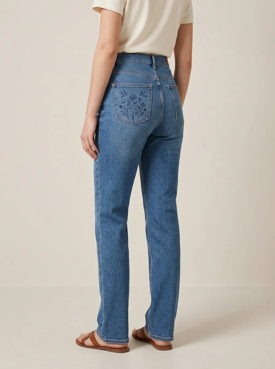 Women's Floral Bird Embroidered Hip High-Rise Straight-Leg Jeans