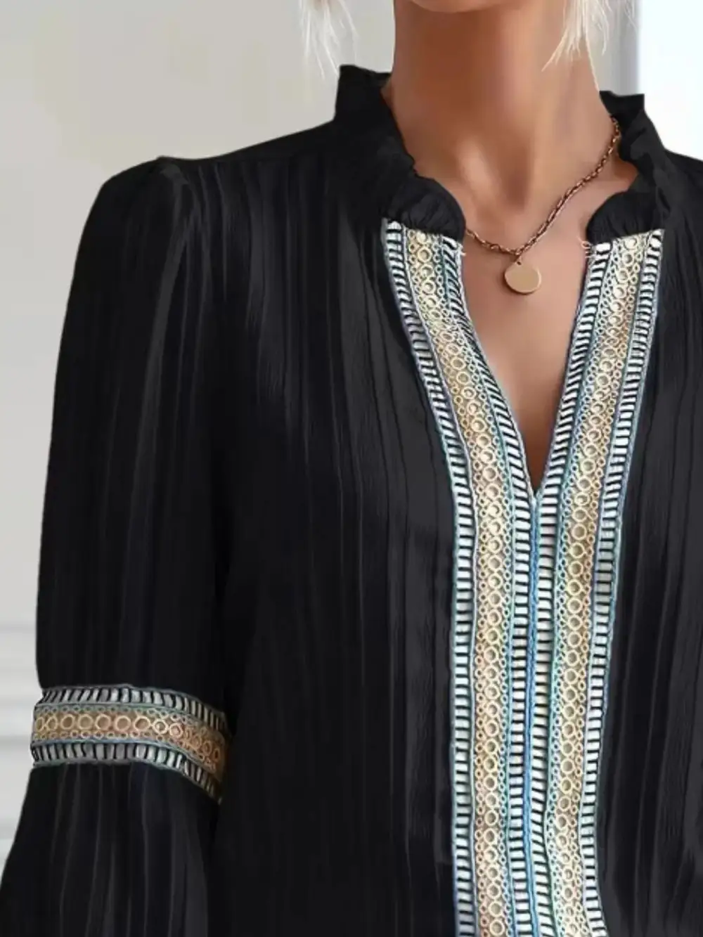 Refined Notched-Neck Balloon-Sleeve Blouse