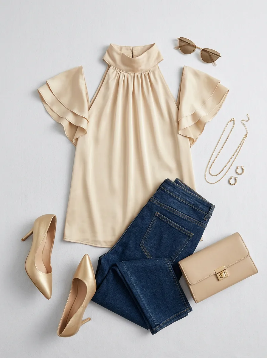 Satin Ruffle Sleeve Mock Neck Blouse