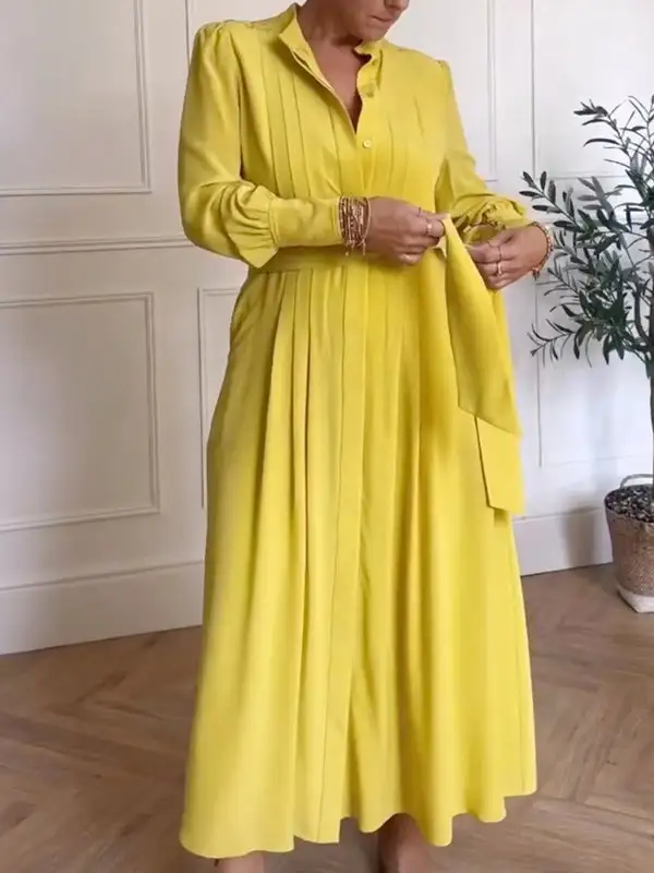 Pleated Buttoned Long Neck Maxi Dress