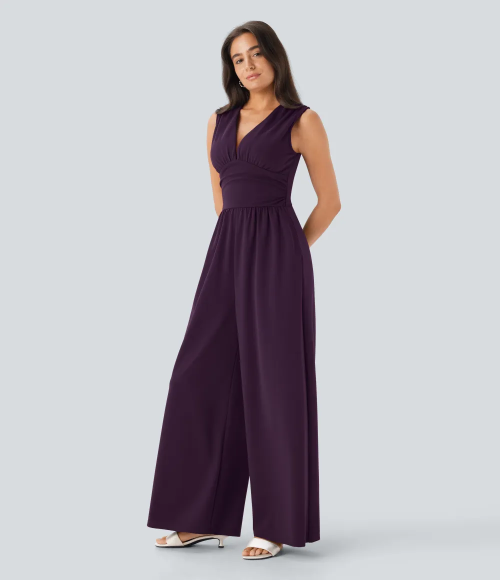 SculptKnit V Neck Sleeveless Ruched Pocket Jumpsuit-Easy Peezy