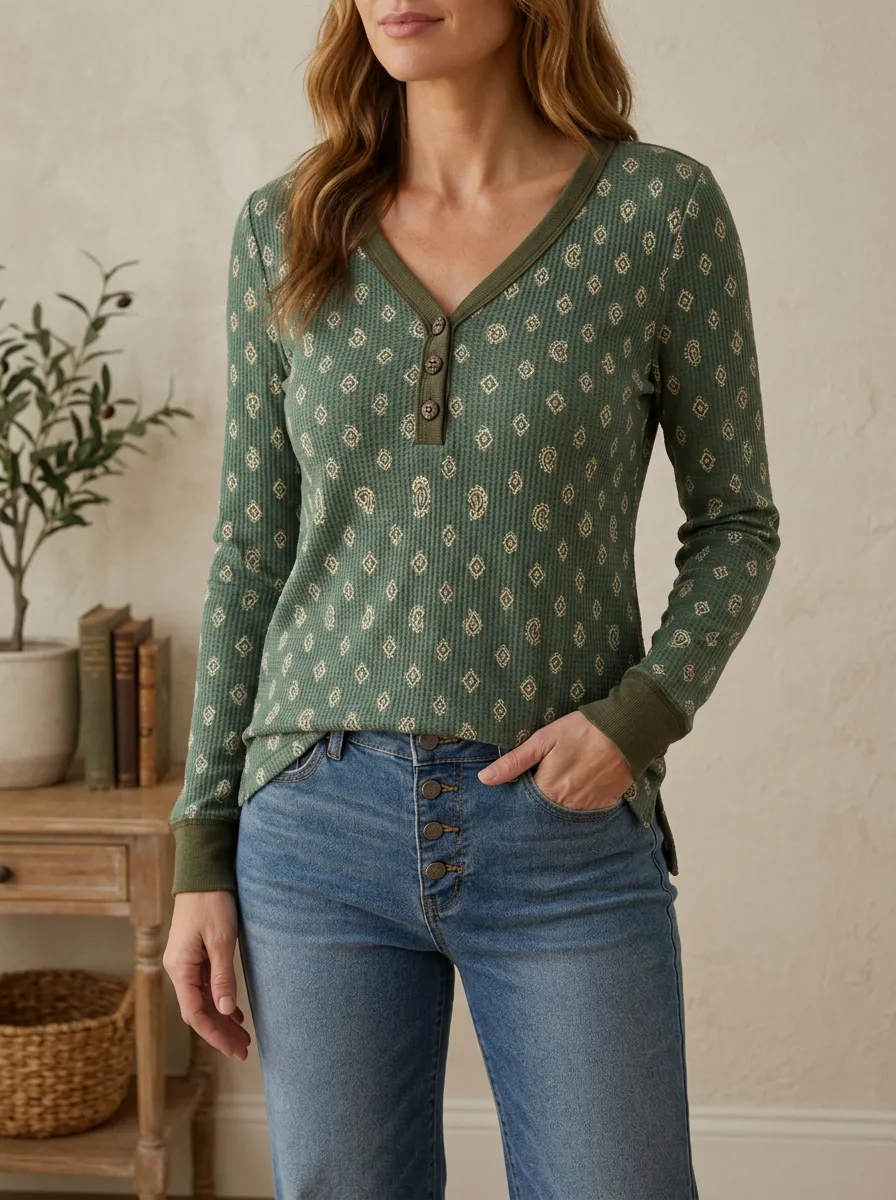 Women's Boho Geometric Pattern Printed Waffle Knit Henley Top