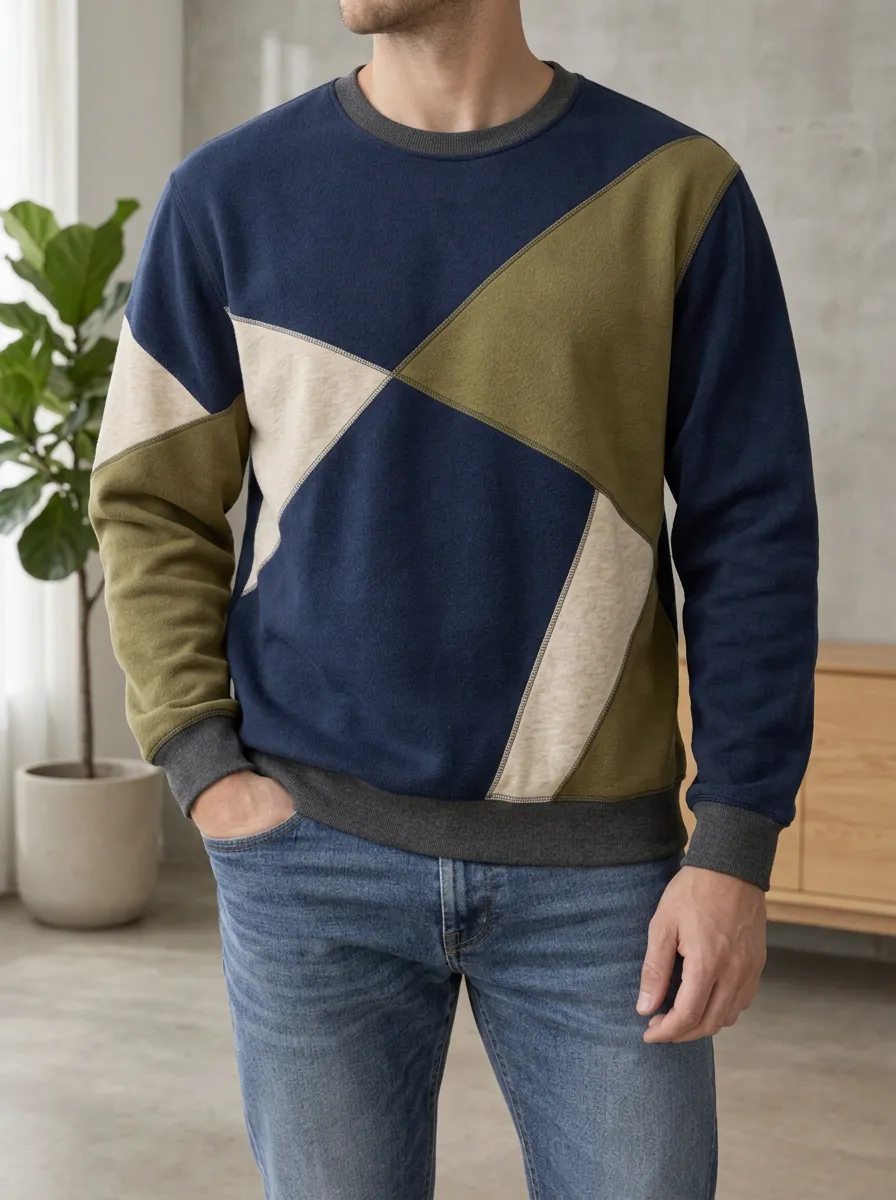 Men's Multi-Color Geometric Panel Crewneck Sweatshirt Hiking Geometric