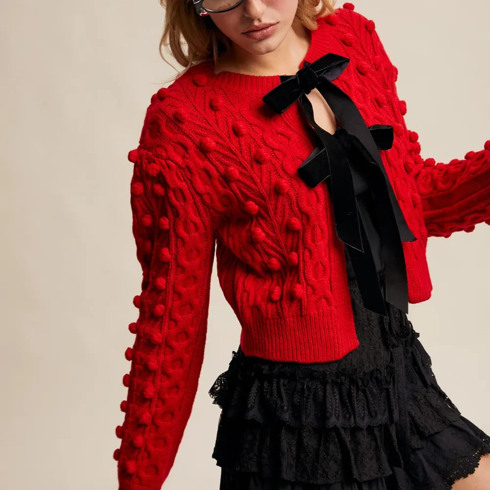 Open Front Tie Front Cable Knit Ribbed Cardigan