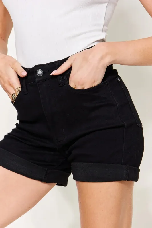 High-Waist Tummy Control Cuffed Denim Shorts