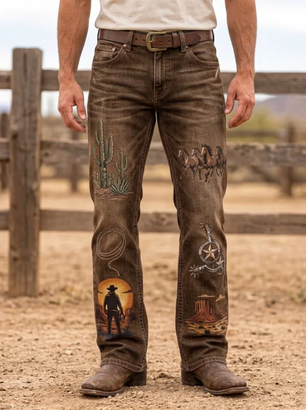 Men's Rodeo Inspired Western Cowboy Horse Cactus Jeans