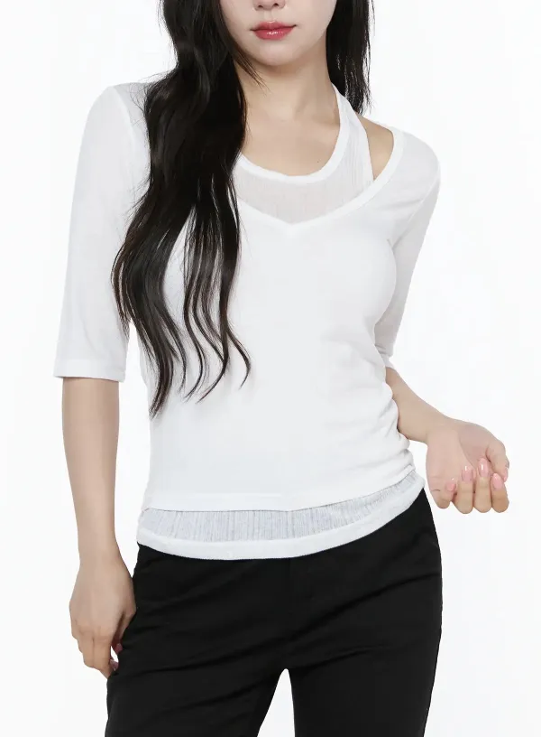 Halter Layered Three-Quarter Sleeve Top