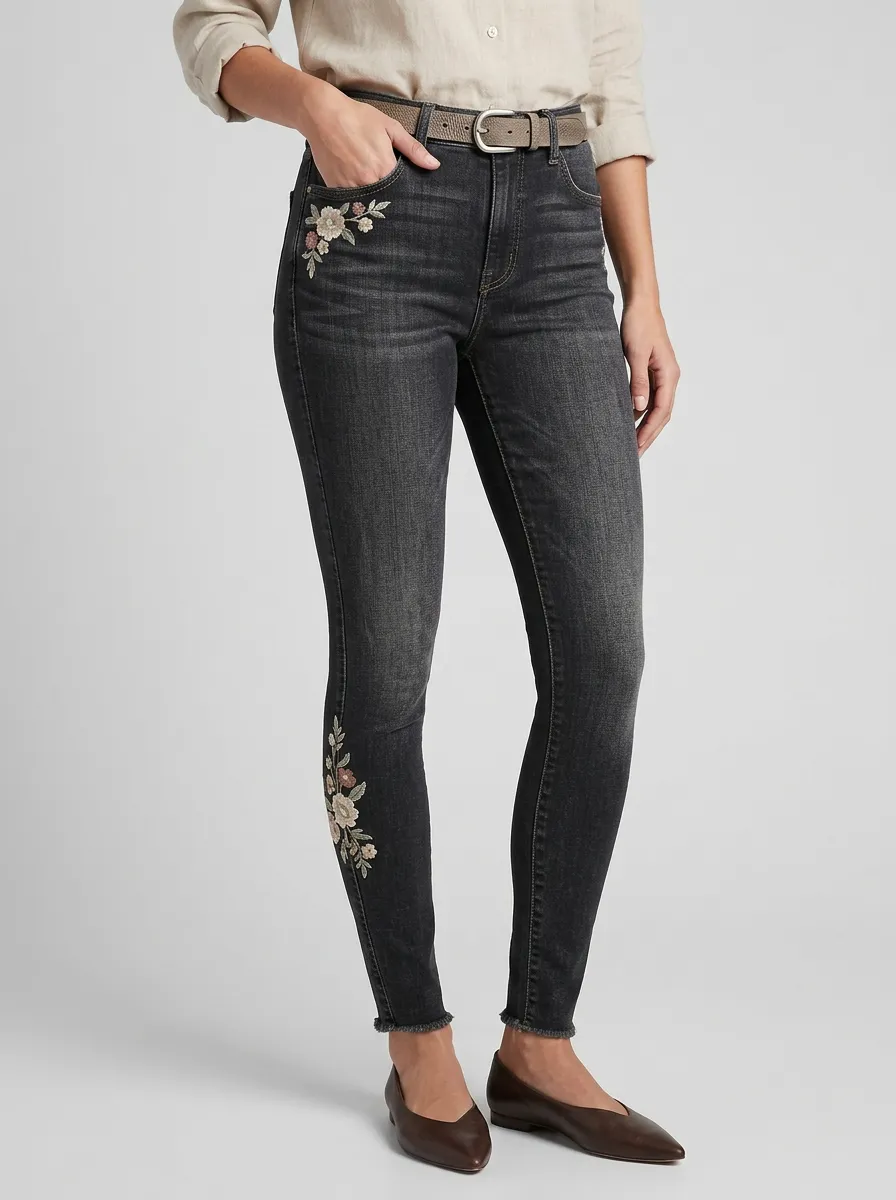 Women's Floral Embroidery Black Washed Printed Slim Jeans