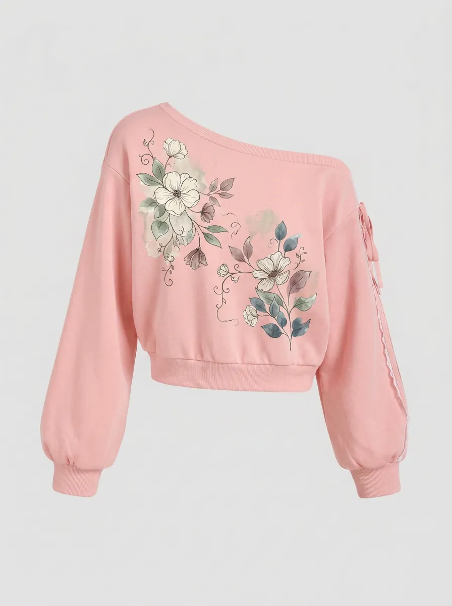 Women's Floral Botanical Watercolor Printed Off-Shoulder Sweatshirt