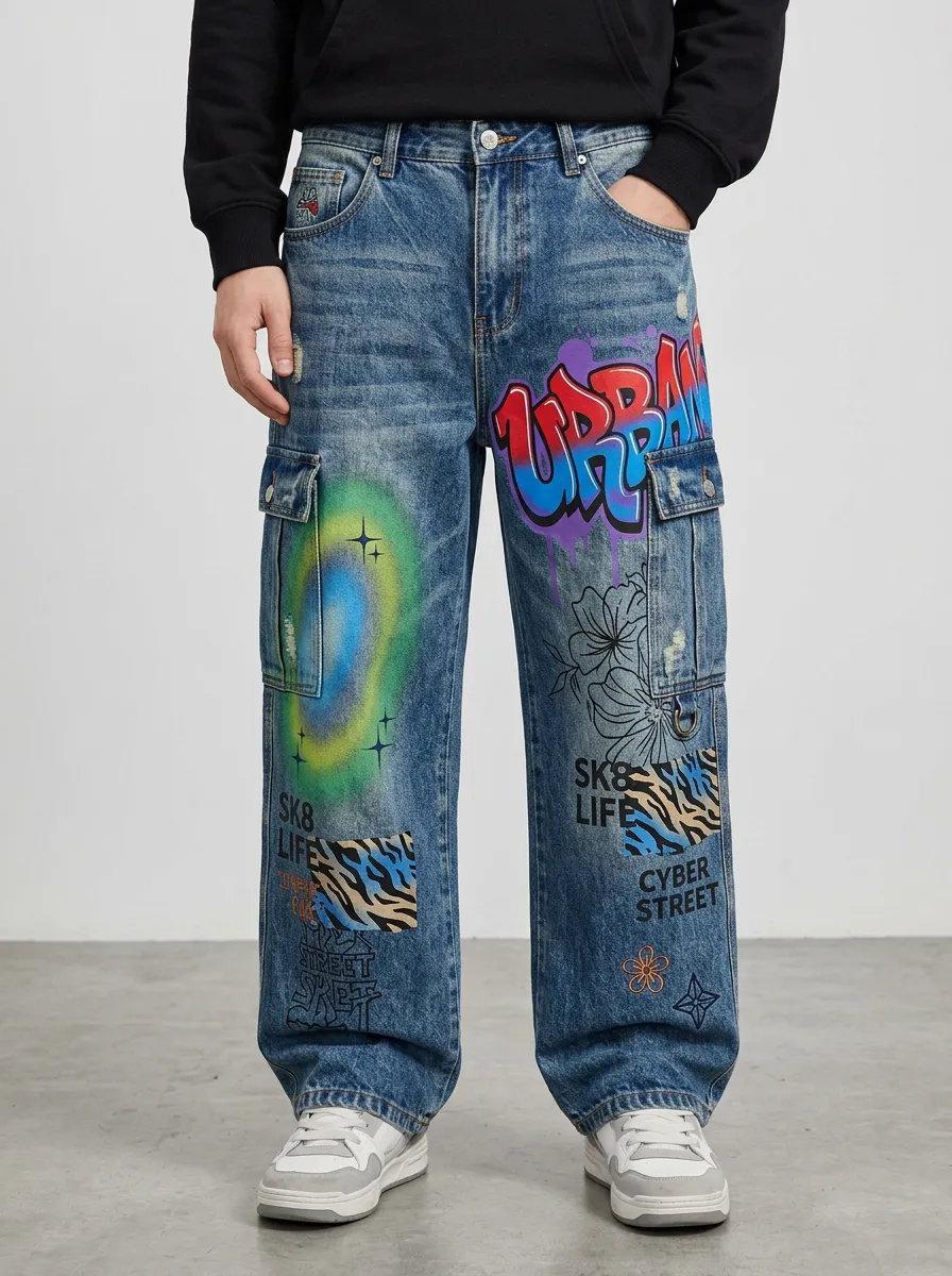 Men's Streetwear Urban Graffiti Graphic Cargo Jeans
