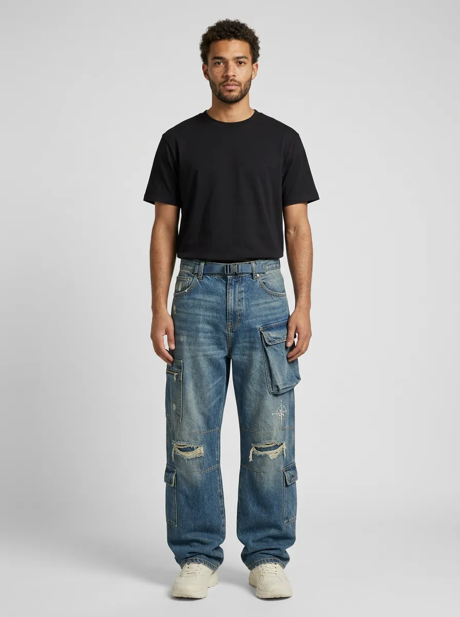 Men's Streetwear Compass Graphic Distressed Cargo Jeans