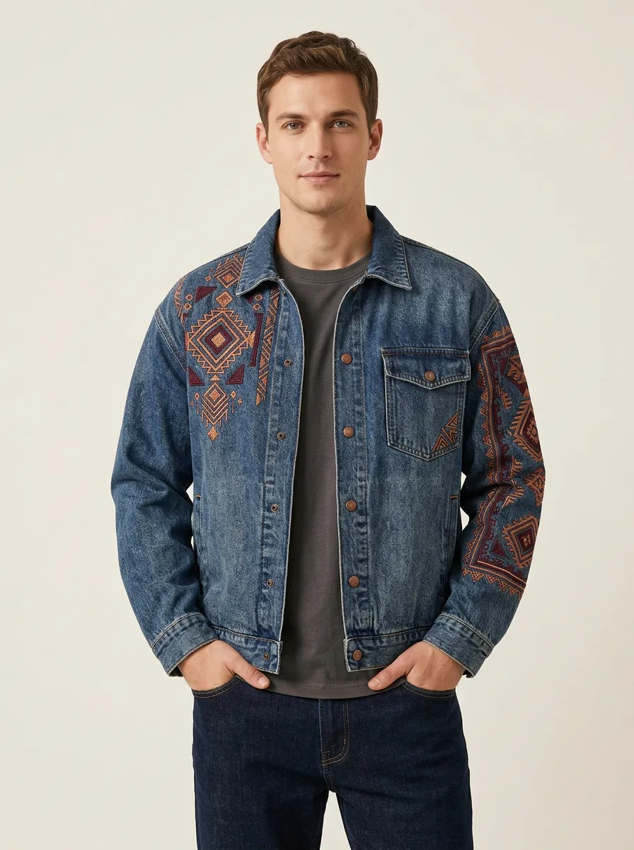 Men's Street Style Tribal Geometric Denim Jacket