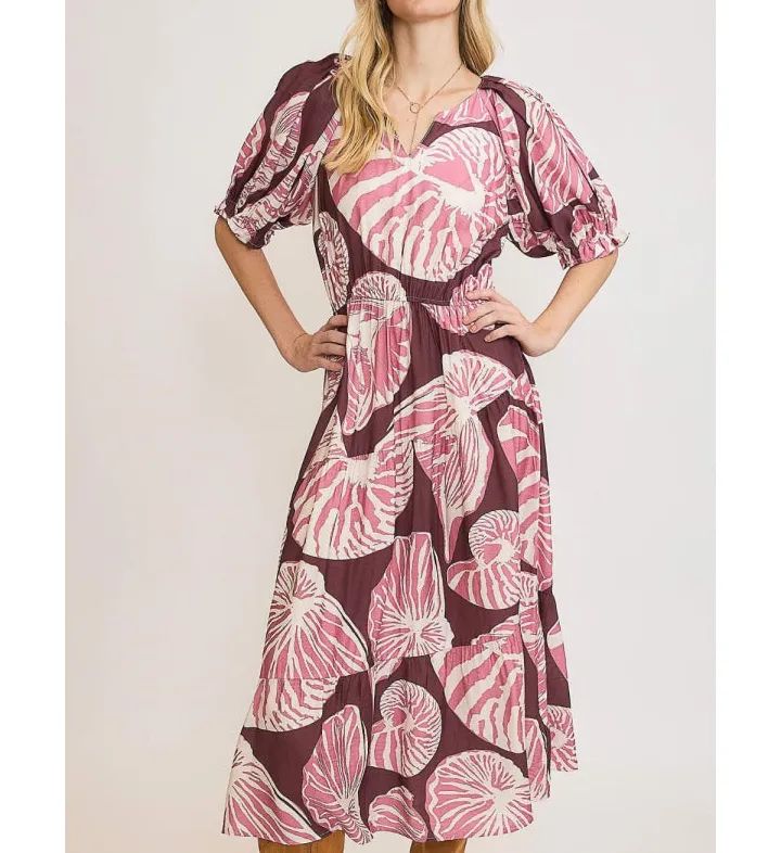Full Size Notched Puff Sleeve Midi Dress Plus Size