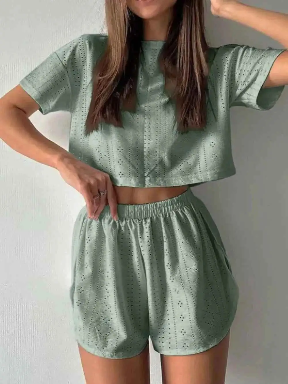 Pull On Eyelet Round Neck Top and Shorts Set