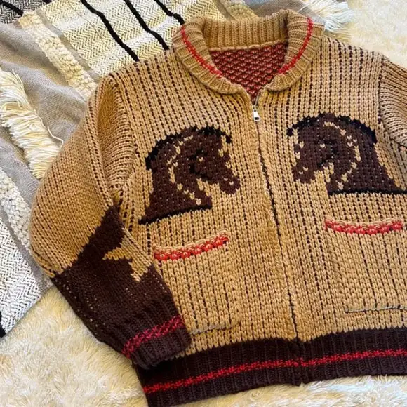 Western Geometric Horse Motif Zip Front Cardigan