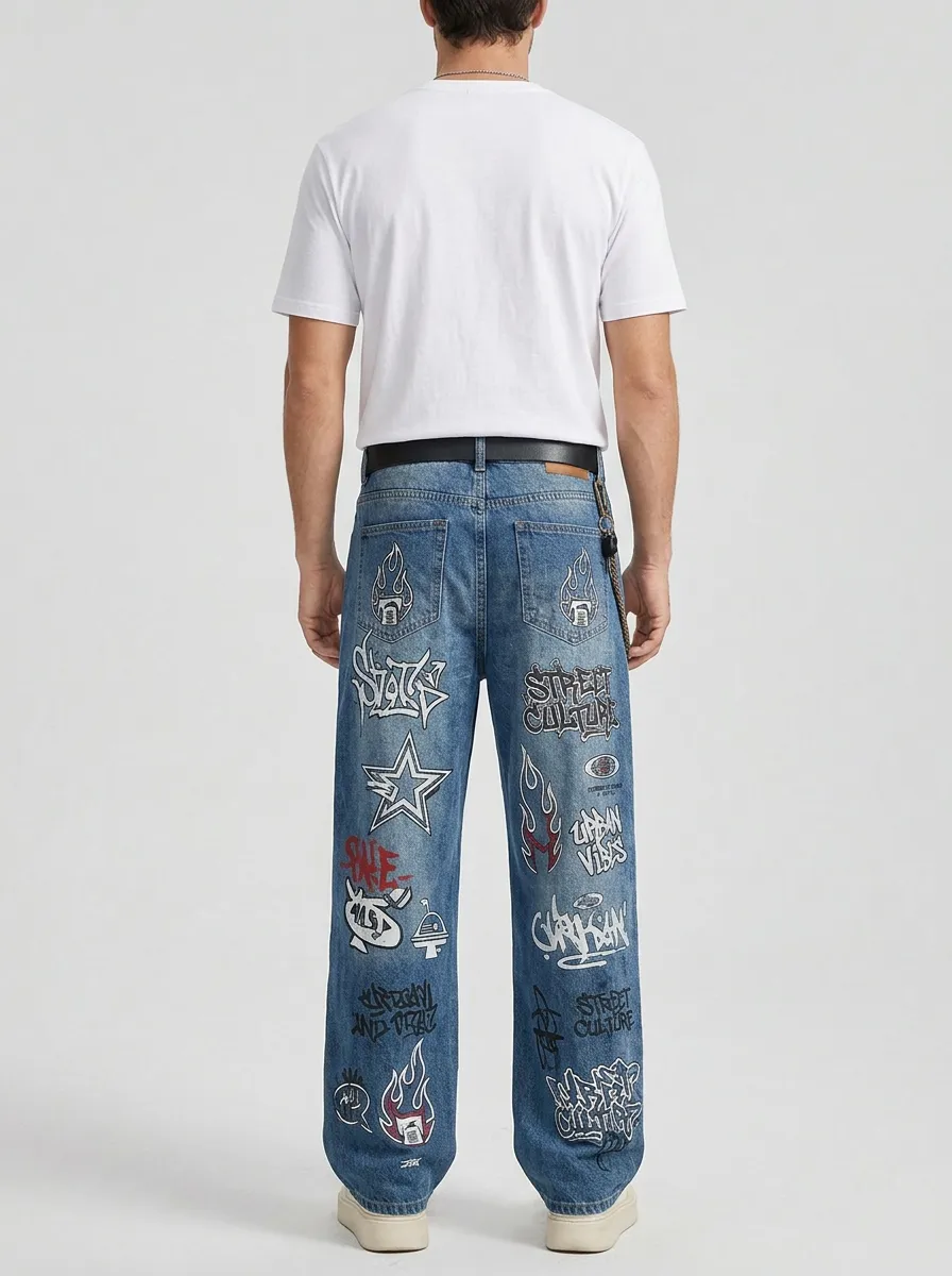 Unisex Streetwear Graffiti Star Flame Jeans
