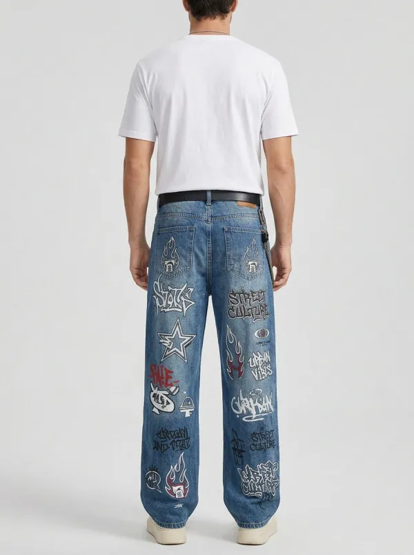 Unisex Streetwear Graffiti Star Flame Jeans
