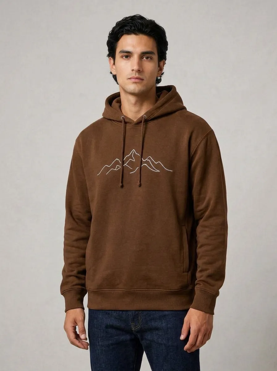 Men's Mountain Line Art Graphic Pullover Ribbed-Cuff Side-Pocket Hoodie